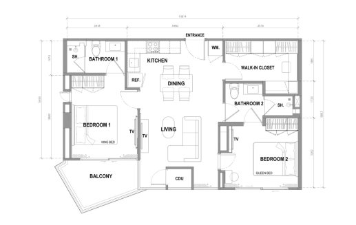 Apartment floor plan, 2 bedrooms in building Building A The City Phuket in Phuket, Thailand, The City Phuket No. 11011 (2D)