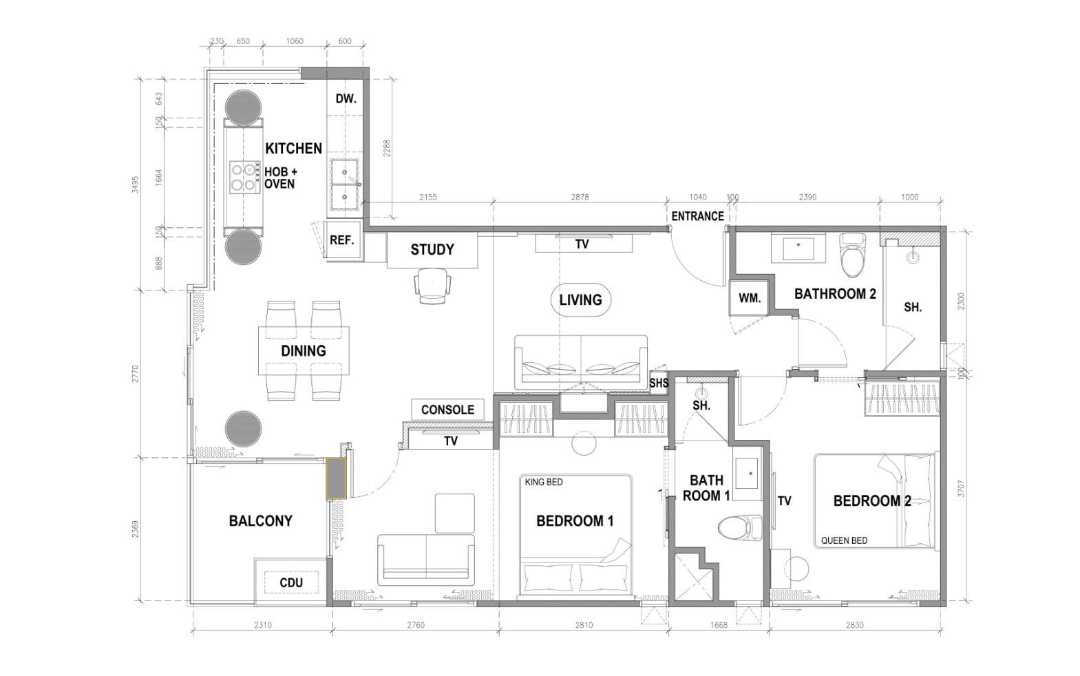 Apartment floor plan, 2 bedrooms in building Building B The City Phuket in Phuket, Thailand, The City Phuket No. 11015