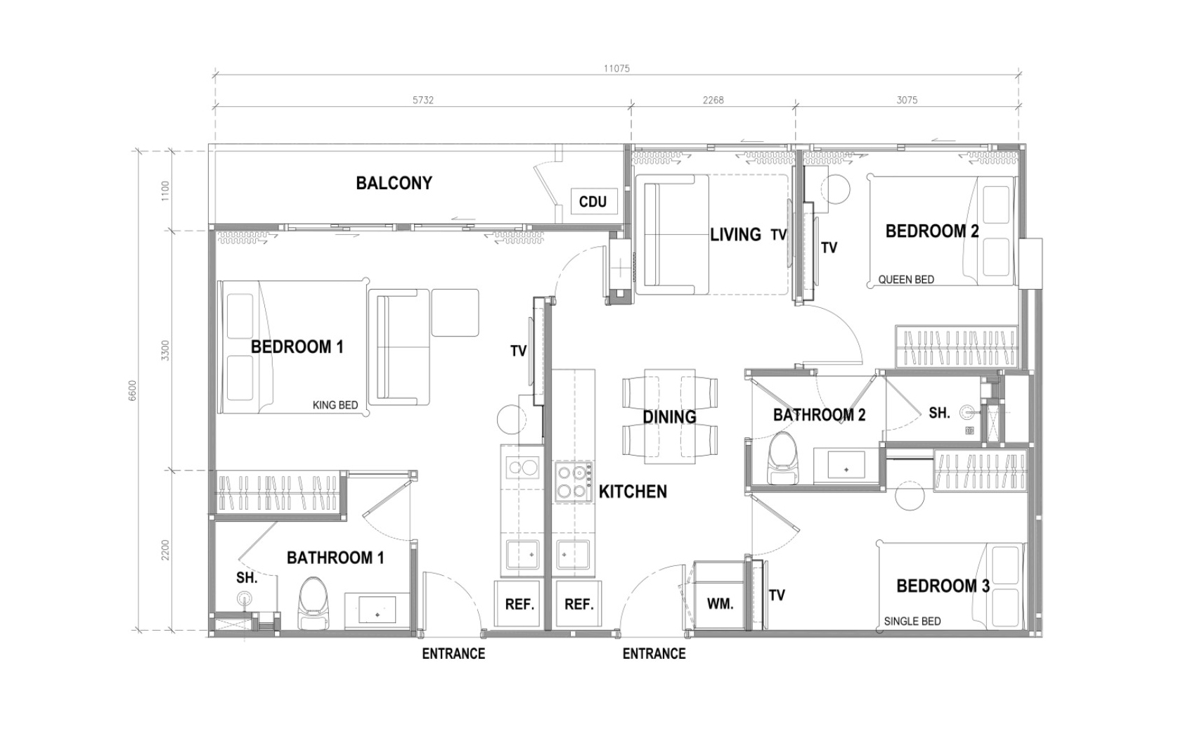 Apartment floor plan, 3 bedrooms in building Building A The City Phuket in Phuket, Thailand, The City Phuket No. 11012
