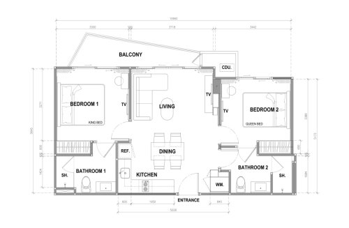 Apartment floor plan, 2 bedrooms in building Building B The City Phuket in Phuket, Thailand, The City Phuket No. 11013 (2D)