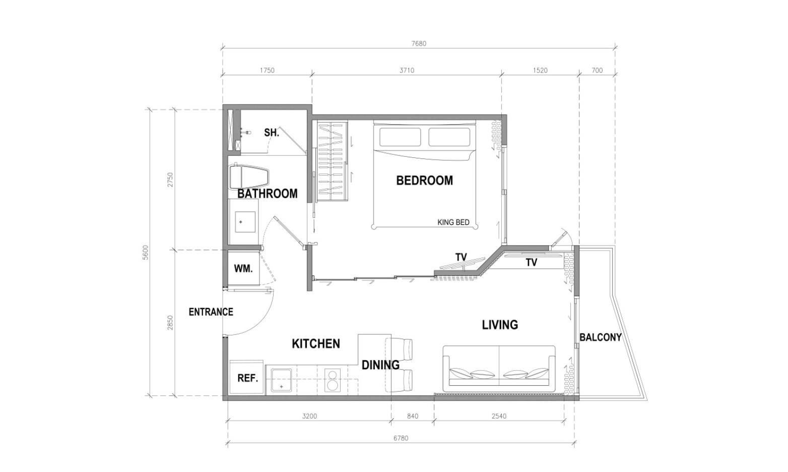 Apartment floor plan, 1 bedroom in building Building A The City Phuket in Phuket, Thailand, The City Phuket No. 11008