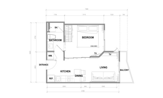 Apartment floor plan, 1 bedroom in building Building A The City Phuket in Phuket, Thailand, The City Phuket No. 11008 (2D)